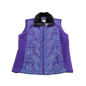 Bob Mackie Wearable Art Zip Vest S Embroidered Fleece Faux Fur Collar Pockets